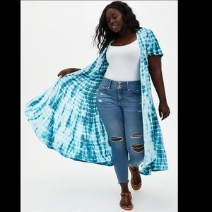 BLUE TIE-DYE CHIFFON HI-LO CLIP DOT KIMONO